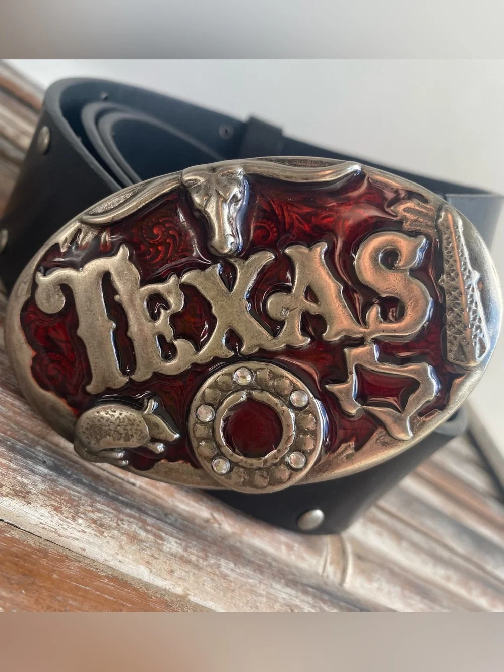 Big Texas red metal buckle black leather studded belt western festival cowboy XL